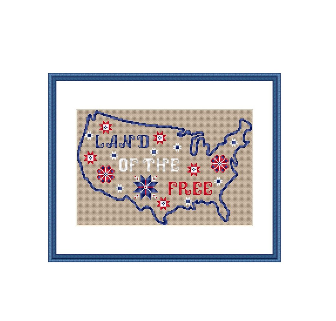 Patriotic Cross Stitch Pattern USA Map Cross Stitch Quaker Sampler