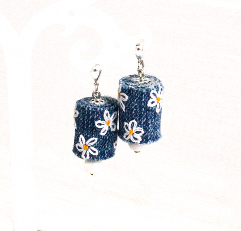Daisy earrings dangle Denim recycled jewelry