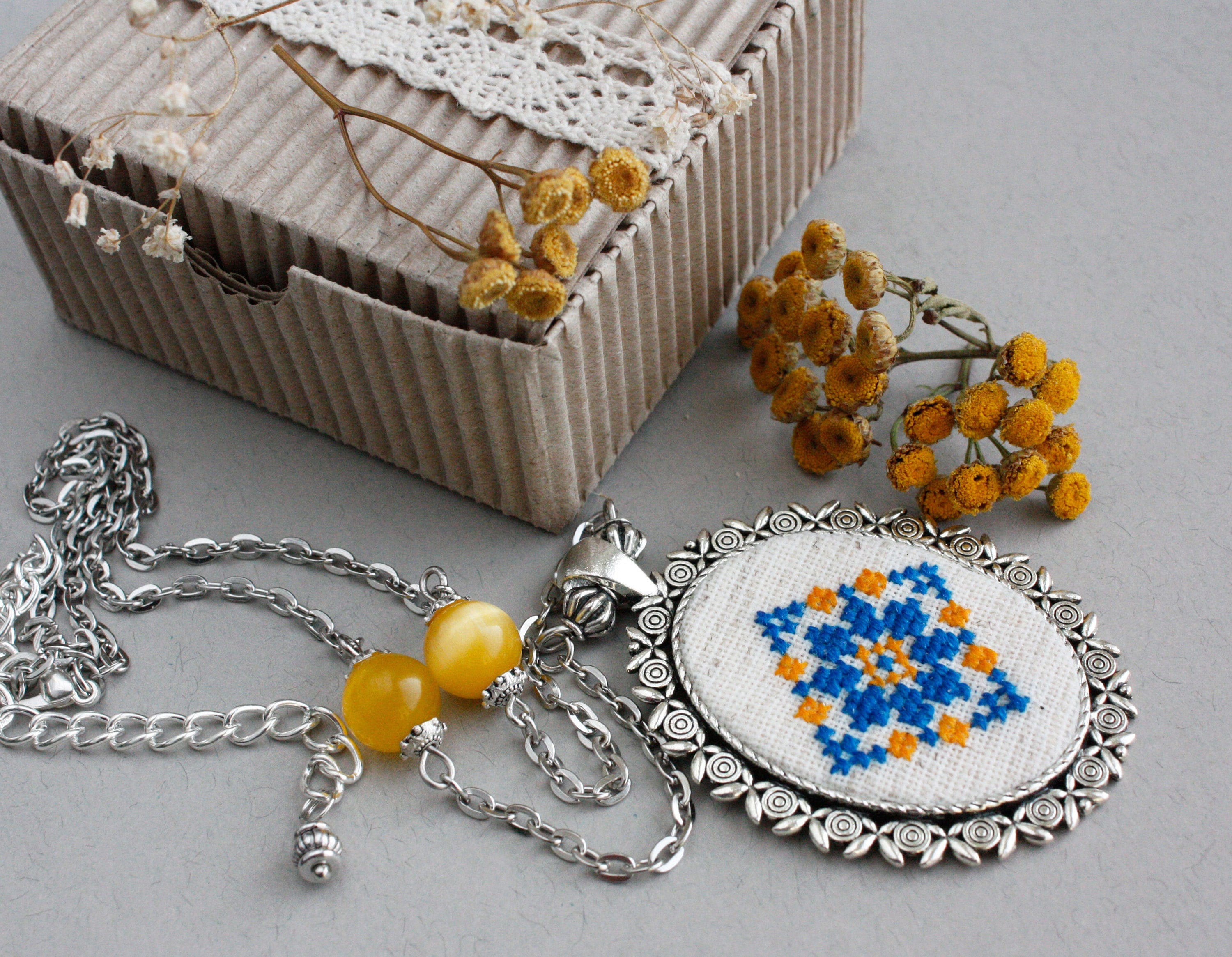 Folk Ukrainian Necklace Pendant Blue Yellow Ukrainian Jewelry Etsy