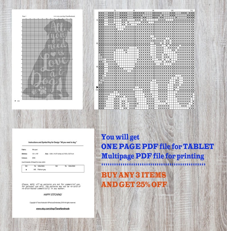 All you need is love cross stitch pattern Simple modern count cross stitch chart Dog silhouette Xstitch Easy one color pattern PDF download image 2