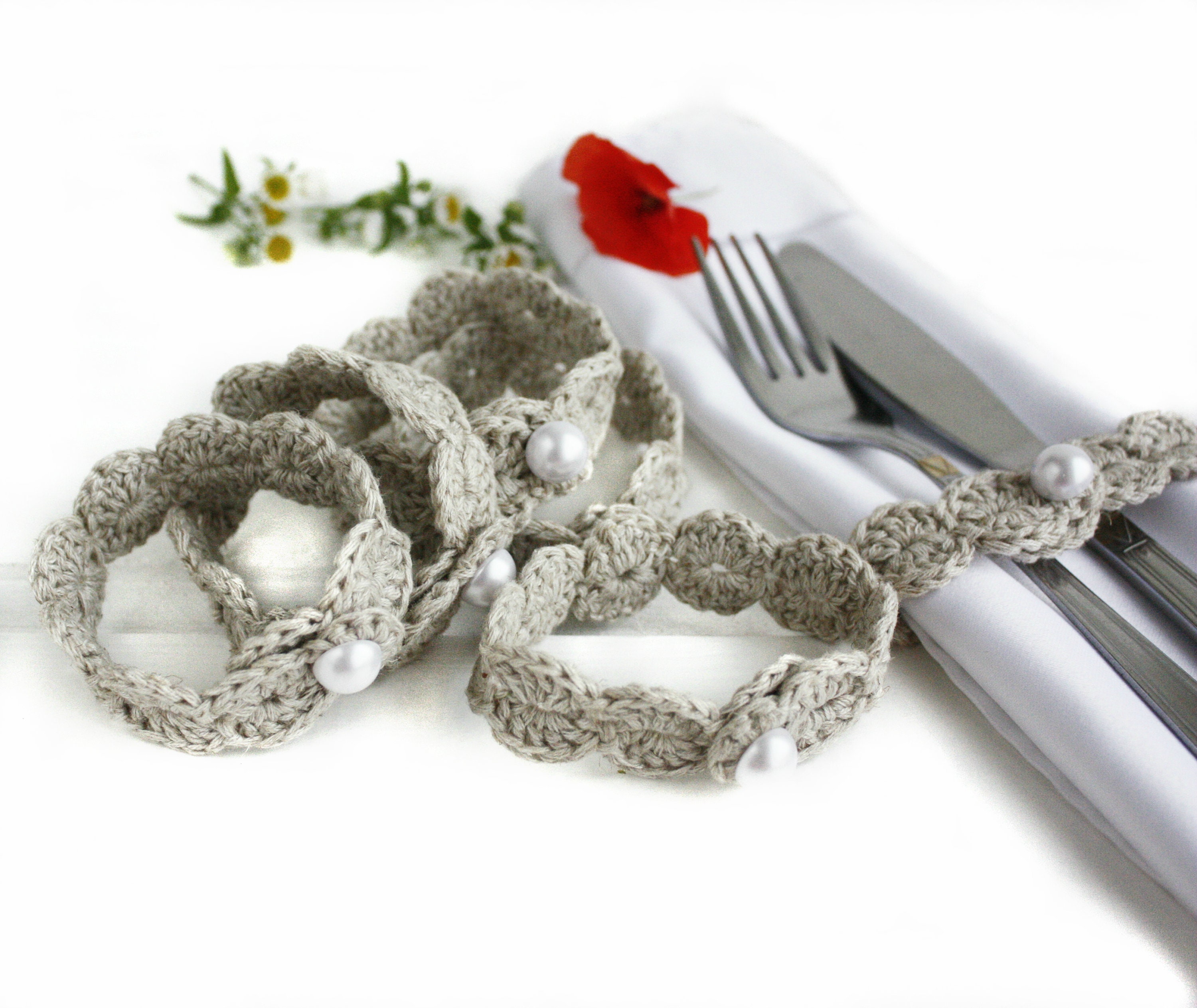Simple Linen Napkin Rings With Pearl Buttons Rustic Wedding Etsy