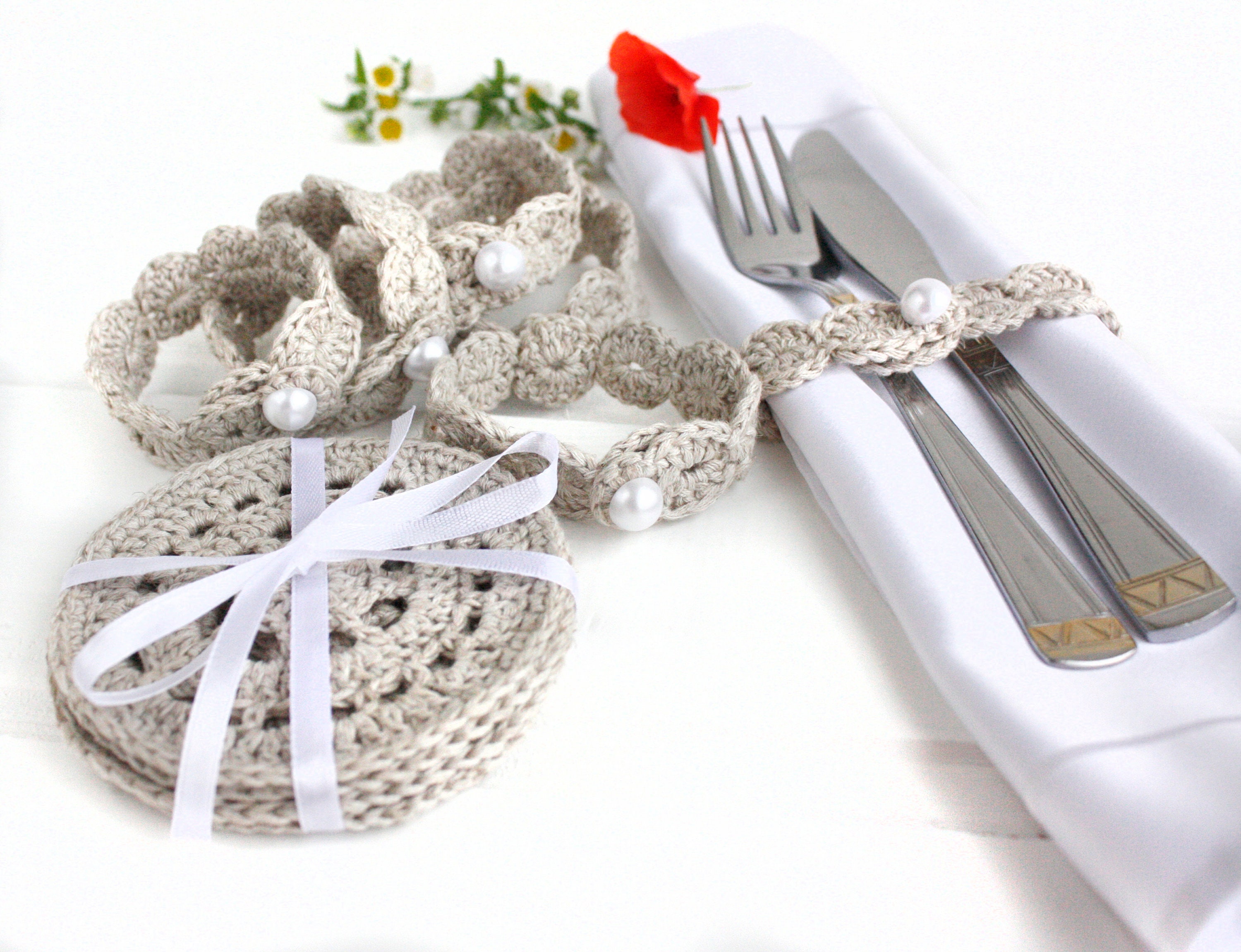 Simple Linen Napkin Rings With Pearl Buttons Rustic Wedding Etsy