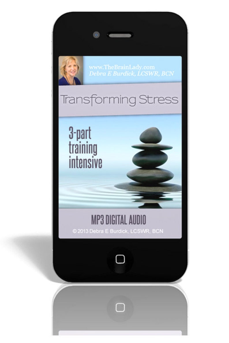 May include: A black smartphone screen displaying a website for a 3-part training intensive on transforming stress. The website features a photo of a stack of gray stones in water, and the text "Transforming Stress", "3-part training intensive", and "MP3 DIGITAL AUDIO".