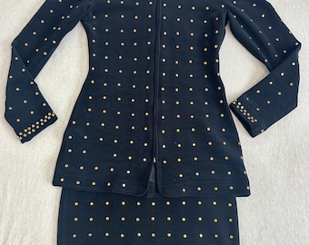 Vintage 1980s Tadashi Shoji Black Gold Studded Two Piece Skirt Suit Set