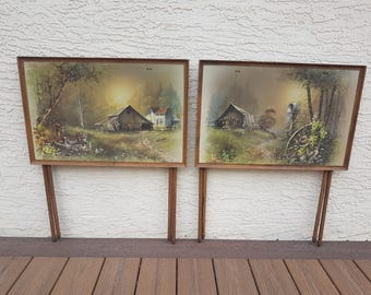 Vintage Folding TV Dinner Trays Tables w/ Farm Cottage Scenes Set of 2