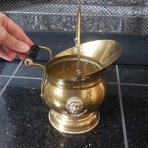 Puede incluir: Un carbonero de latón vintage con asa y pala. El carbonero tiene un cuerpo redondo con un emblema de cabeza de león y una base de pedestal. El asa tiene un mango de madera negra.