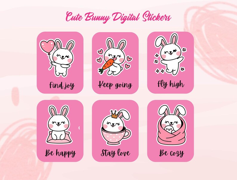 6 Cute Bunny Digital Stickers Highquality PNG & PDF Perfect for