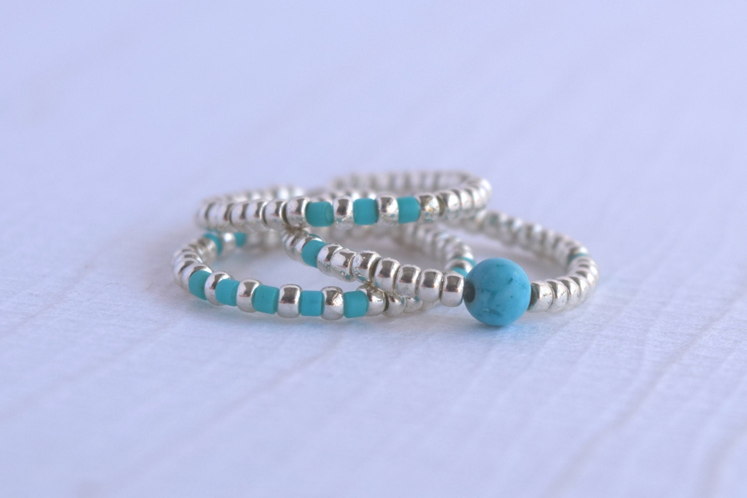 Beaded Ring Silver Stacking Ring Birthday Gift for Friend Colour Bead Ring Blue Bead Ring Silver Stretch Ring Silver Stacking Ring