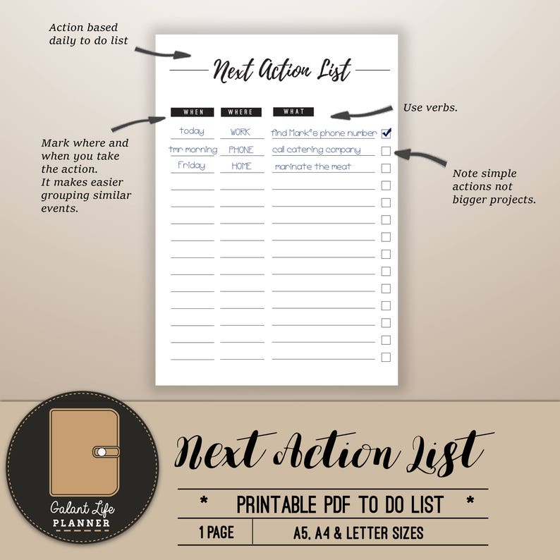 Next Action List Printable PDF Planning Tool | Etsy