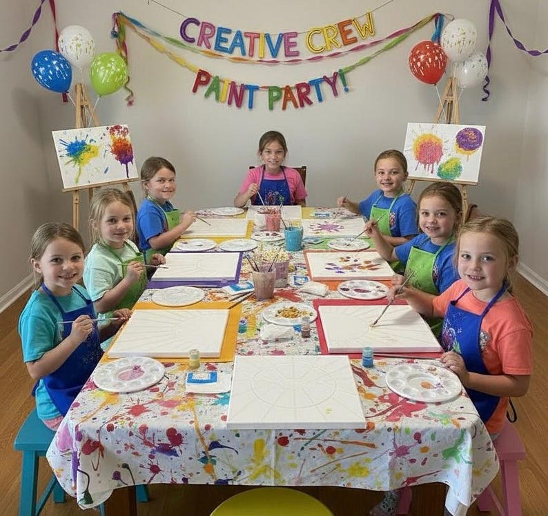 May include: Six children wearing colorful aprons sit around a table covered in a paint-splattered cloth, each with a blank canvas, paintbrushes, and a palette. A banner above reads CREATIVE CREW PAINT PARTY, with balloons on wooden easels nearby.