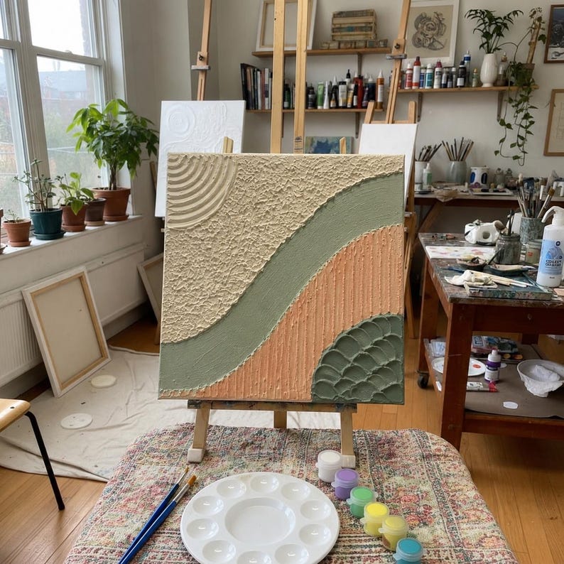 May include: A square canvas painting featuring textured sections in cream, sage green, and peach. The design includes a circular ripple pattern in the top left, a smooth diagonal sage stripe, vertical lines in peach, and a scalloped green texture.