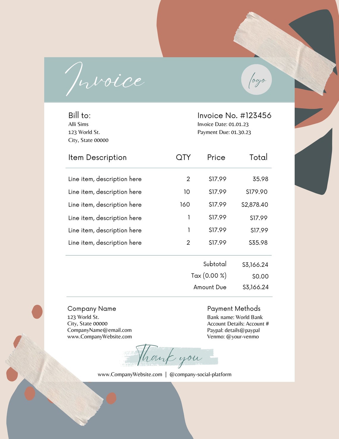 Minimalist Invoice Template Printable Invoice Template Etsy