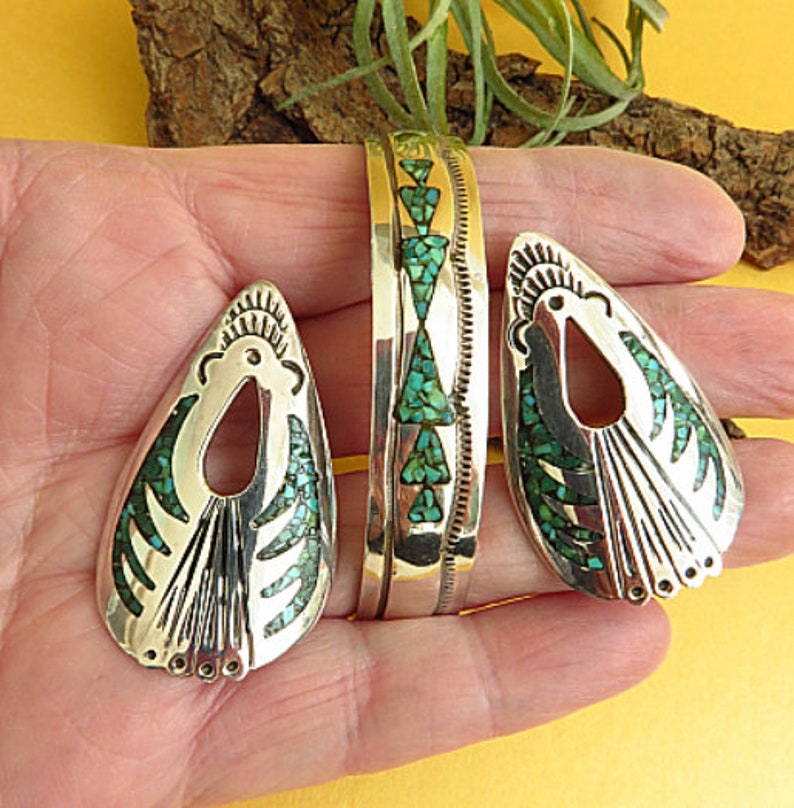 Native Navajo handmade 925 silver bracelet and large earrings Made by Johnson Yazzie
