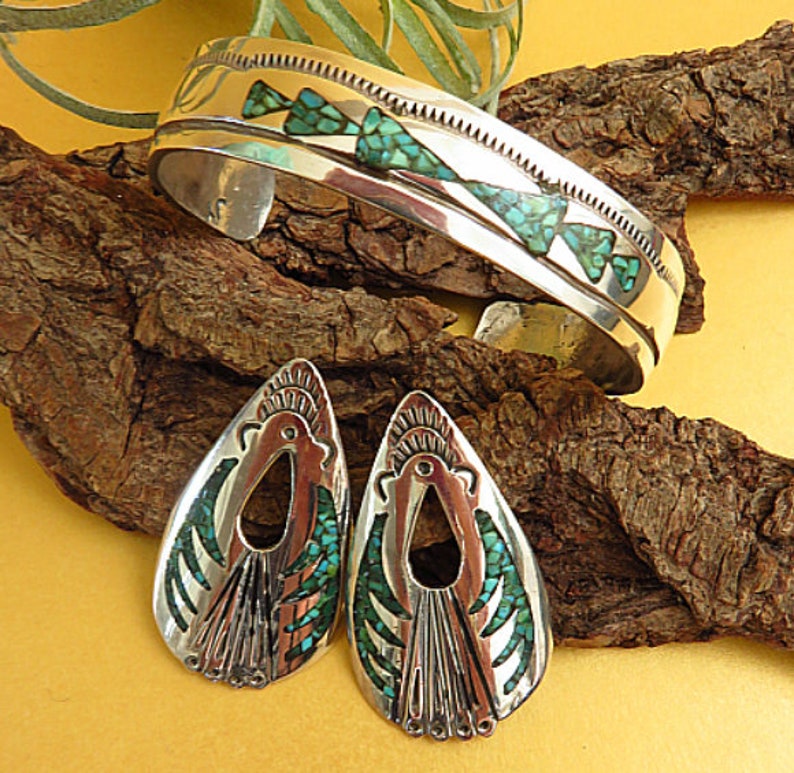 Native Navajo handmade 925 silver bracelet and large earrings Made by Johnson Yazzie