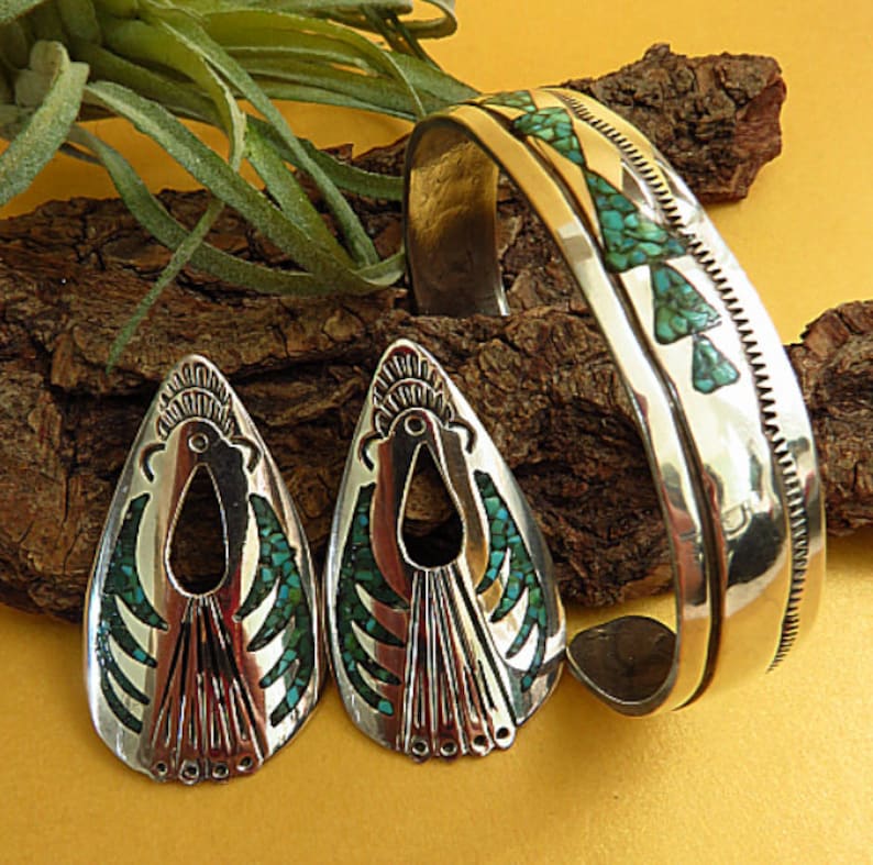 Native Navajo handmade 925 silver bracelet and large earrings Made by Johnson Yazzie