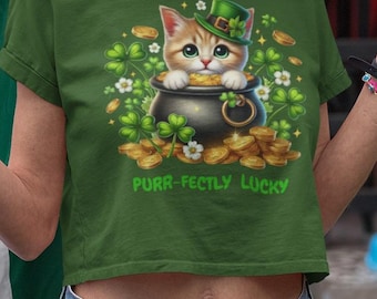 T Shirt St. Patrick's Day Kitty Cat Tee Shirt | popular trending design custom shirt Kitten Lucky Irish Shirt pot of gold Purr-fect