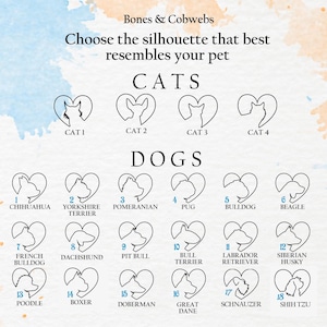 May include: A selection chart titled Bones & Cobwebs featuring black line art silhouettes of four cats and eighteen dog breeds, each enclosed within a heart shape. Each silhouette is numbered and labelled with its corresponding animal breed name.