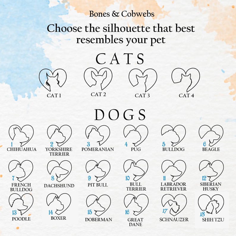 May include: A selection chart titled Bones & Cobwebs featuring black line art silhouettes of four cats and eighteen dog breeds, each enclosed within a heart shape. Each silhouette is numbered and labelled with its corresponding animal breed name.