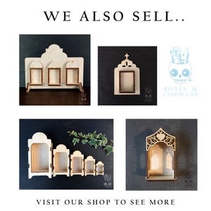 May include: Four wooden shelf units with arched tops, each with a different design. The shelves are made of unfinished wood and are perfect for displaying small items. The text "WE ALSO SELL..." and "VISIT OUR SHOP TO SEE MORE" is visible at the top and bottom of the image.