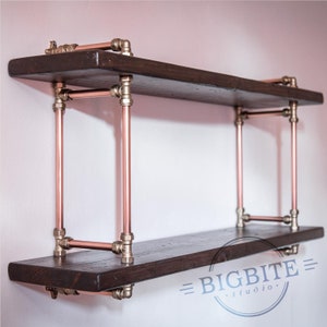 Copper Pipe Double Bookshelf with Brass: Industrial 2 Shelves Wall Unit