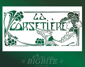 Furniture, Wall, Shabby Chic Stencil –  Art Deco Stencil: ‘La Corsetiere’ Corset Maker Advert #075/Reusable, Easy DIY Home Decor