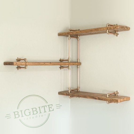 Copper and Brass Corner Bookshelf Three Shelves Unit With