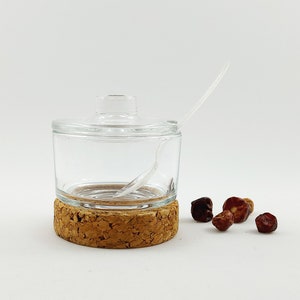 Vintage Swedish Glass Jam Jar with Lid, Spoon and Cork Base / Scandinavian Mid Century Modern Kitchen