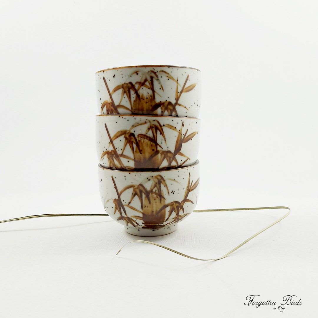 Set of 3 Vintage Handleless Tea Cups / Small Speckled Stoneware Bowls