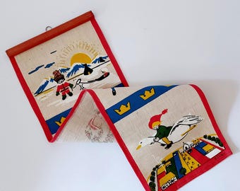 Vintage Scandinavian Folk Art Wall Hanging / Color Print on Textile / May Bühler Design Made in Sweden