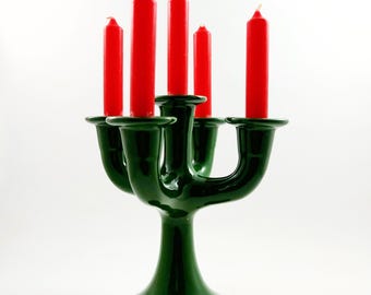 Vintage Swedish 5‑Arm Green Glazed Ceramic Candelabra • Guldkroken Hjo • Scandinavian Mid Century Modern Candle Holder