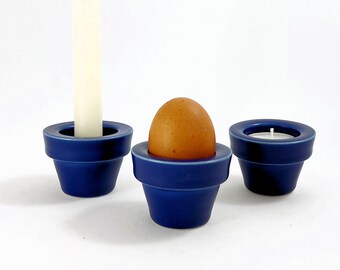 Set of 3 Höganäs Keramik Egg Cups / Vintage Swedish Mid Century Modern Blue Stoneware Candle Holders / Scandinavian Retro Made in Sweden