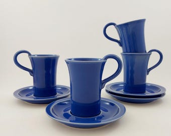 Set of 4 Höganäs Keramik Blue Stoneware Coffee Cup with Saucer / Vintage Swedish Mid Century Modern Stoneware / Scandinavian Retro