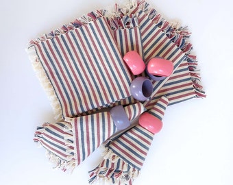 Set of 6 Vintage Striped Cloth Napkins and Wooden Napkin Rings / Swedish Table Decoration / Scandinavian Retro