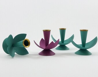 Set of 4 Scandinavian Vintage Small Flower Shape Candlesticks / Swedish Mid Century Modern Candle Holders / Retro Green & Purple Metal