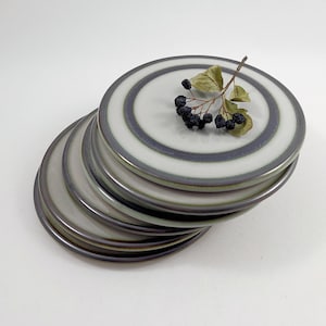 Può includere: Un set di sei piatti in ceramica bianca impilati, con un design a strisce grigie e bianche. I piatti sono impilati su una superficie bianca.