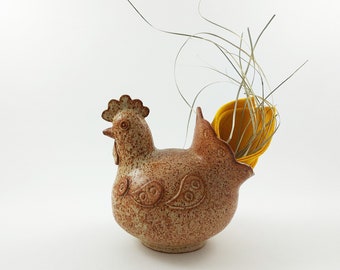 Scandinavian Vintage Stoneware Chicken Vase / Large Artist Signed Ceramic Hen / Retro Studio Pottery Easter Decor