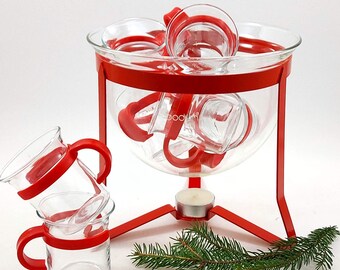 Bodum Danmark Glaspunchskål med metallställ, värmeelement och 8 glaskoppar med avtagbara plasthandtag / Vintage dansk 50-talsmodern