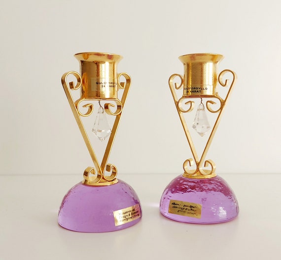 Pair Vintage Swedish 24K Gold-Plated Candle Holders / Scandinavian Small Retro Candlesticks with Purple Glass Base
