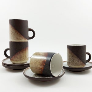 4 sets Vintage Rustic Espresso Cups with Saucers 125 ml / Mid Century Modern Brown Drip Glaze Coffee Cups