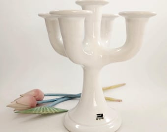 Guldkroken Hjo Stor 5-armad Vit Kandelaber / Vintage Svensk Mid Century Modern Ljusstake / Skandinavisk Retro