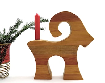 Vintage Swedish Wooden Goat Candlestick / Traditional Scandinavian Christmas Decoration / Retro Handmade Woodwork Made in Sweden