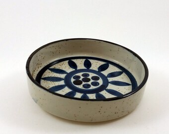 Vintage Speckled Stoneware Bowl with Blue Abstract Flower / Mid Century Modern Ceramic Round Dish / Scandinavian Design / Swedish Retro