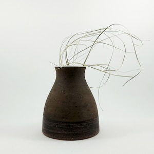 Könnte beinhalten: Eine braune Keramikvase mit einem dunkelbraunen Band um den oberen Rand. Die Vase ist mit getrocknetem Gras gefüllt.