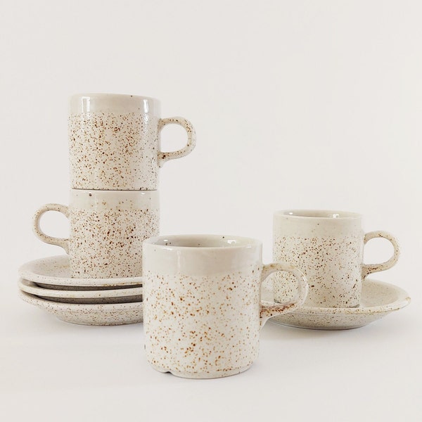 4 sets Pentik Finland RIEKKO Coffee Cups & Saucers / Vintage Finnish Mid Century Stoneware / Scandinavian Retro Tableware