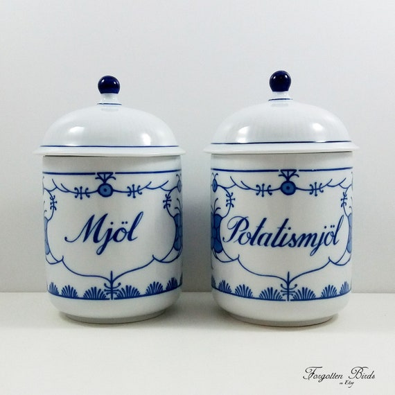 Ceramic Blue White Canisters Set 4 Unique Hand Stamped Storage Jar