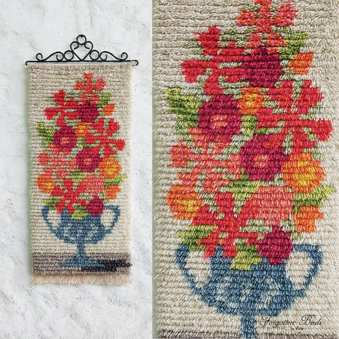 Vintage Scandinavian Rya Rug With Metal Hanger / Mid Century Modern