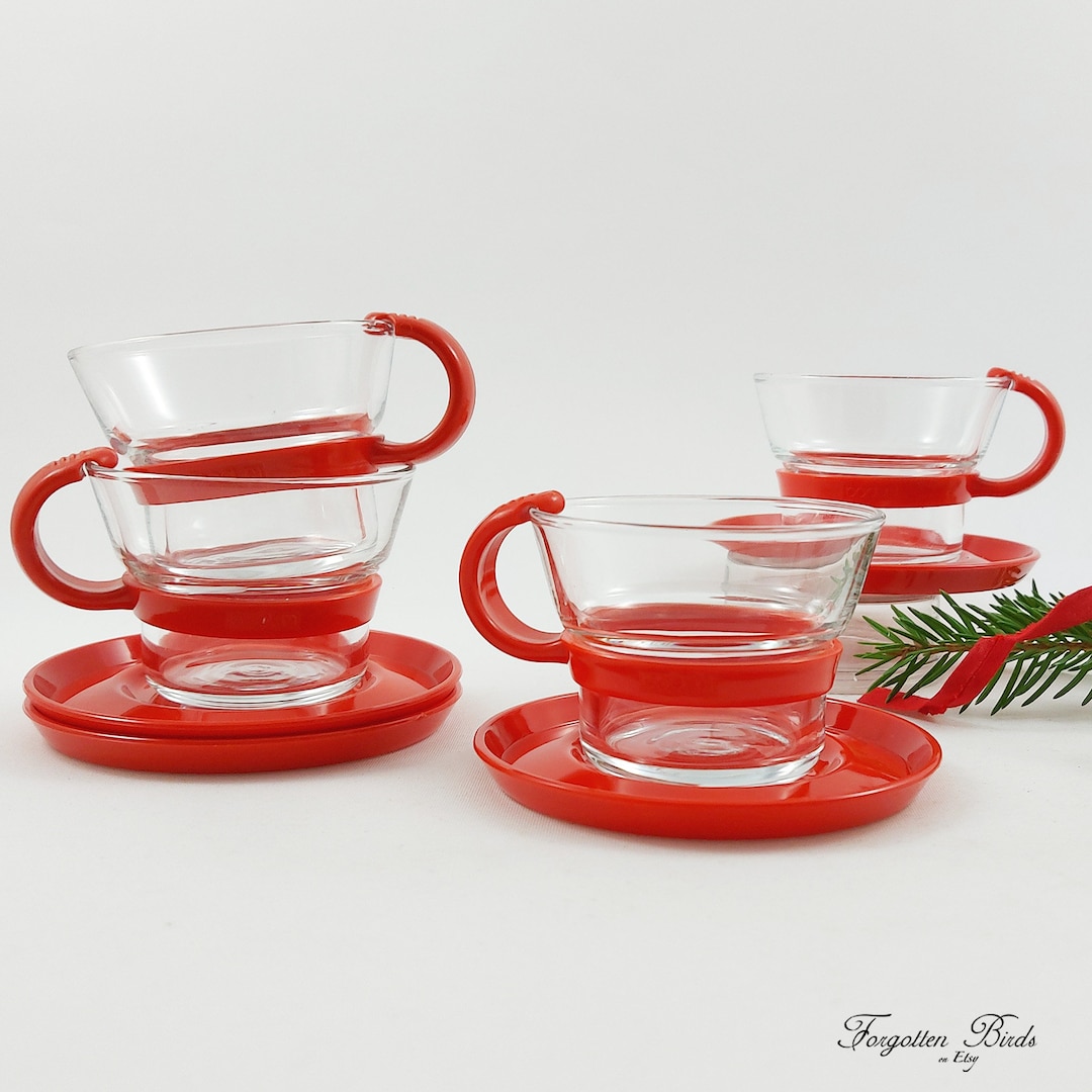 4 Sets Bodum Espresso Cups With Red Plastic Handles and Saucers