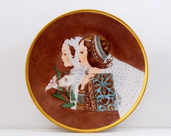Vintage Jugendstil Porzellan Teller / Portraitteller. Signierter dekorativer Wandteller / Jugendstil Teller / Zwei junge Damen