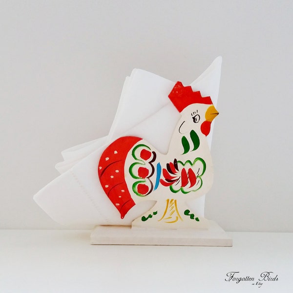 Wooden Hand Painted Dala Rooster Napkin Holder Made in Grannas A. Olsson Hemslöjd. Vintage / Scandinavian Design / Swedish / Sweden/Folk Art