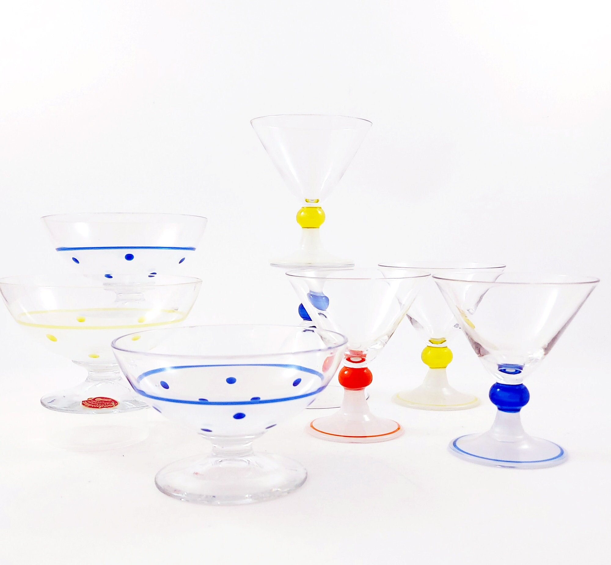 Swedish Vintage Hand Painted Glassware Set / Five Liqueur Glasses Three Footed Dessert Bowls / Scandinavian Retro 1950s Johansfors Glasbruk